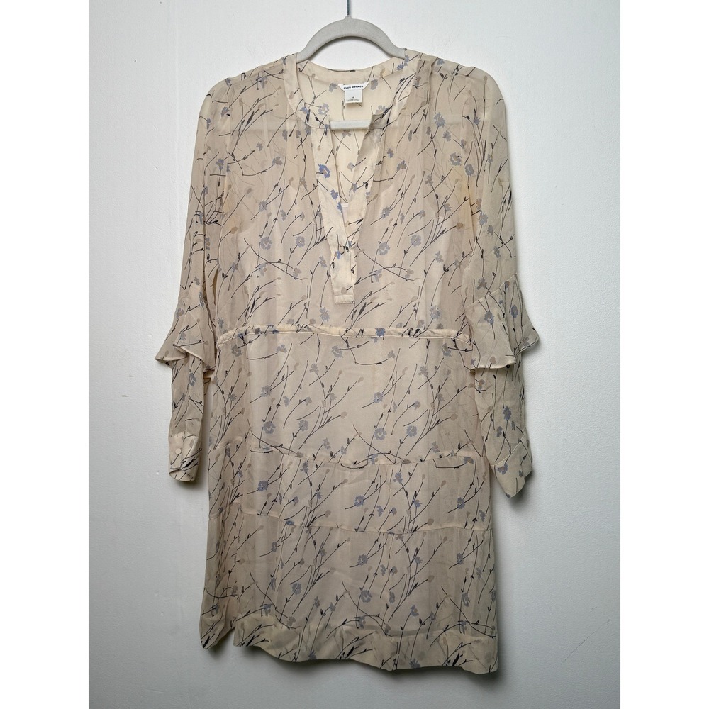Club Monaco 100% Silk Floral‎ Mini Dress Cream Blue Ruffle Sleeve Tiered Size 0